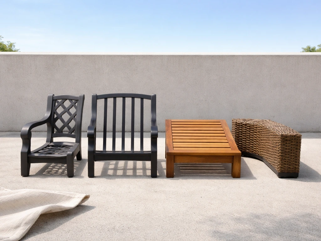 Four patio furniture material samples—cast aluminum, wrought iron, teak wood, and resin wicker—side by side outdoors.