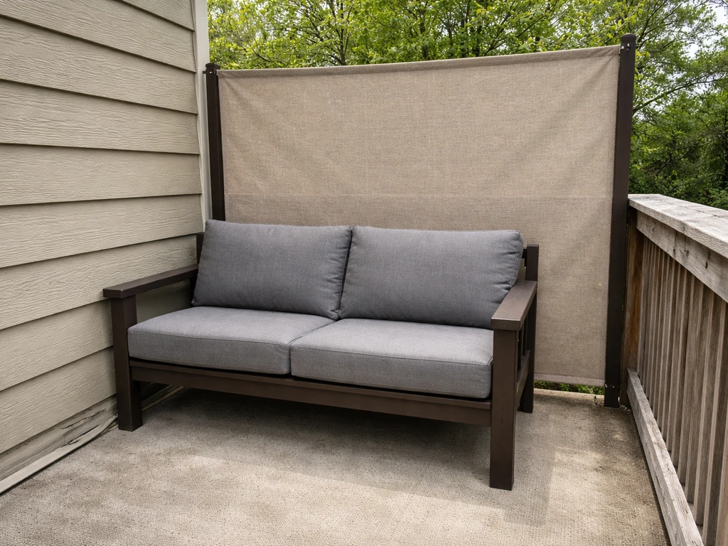 Heavy patio furniture anchored in a corner against a house wall and railing with a simple windbreak panel.