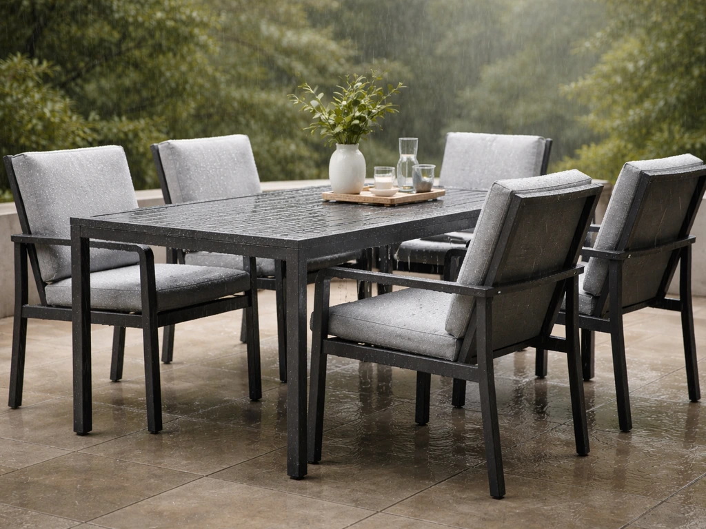 Rain falls on a powder-coated aluminum patio dining set with quick-dry cushions, water beading clearly visible.