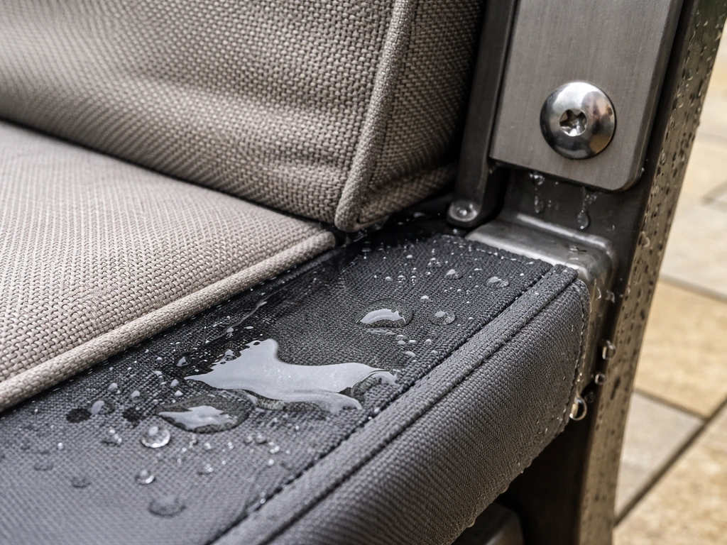 Close-up of patio furniture joints and fabric showing trapped rainwater around metal hardware and seams.