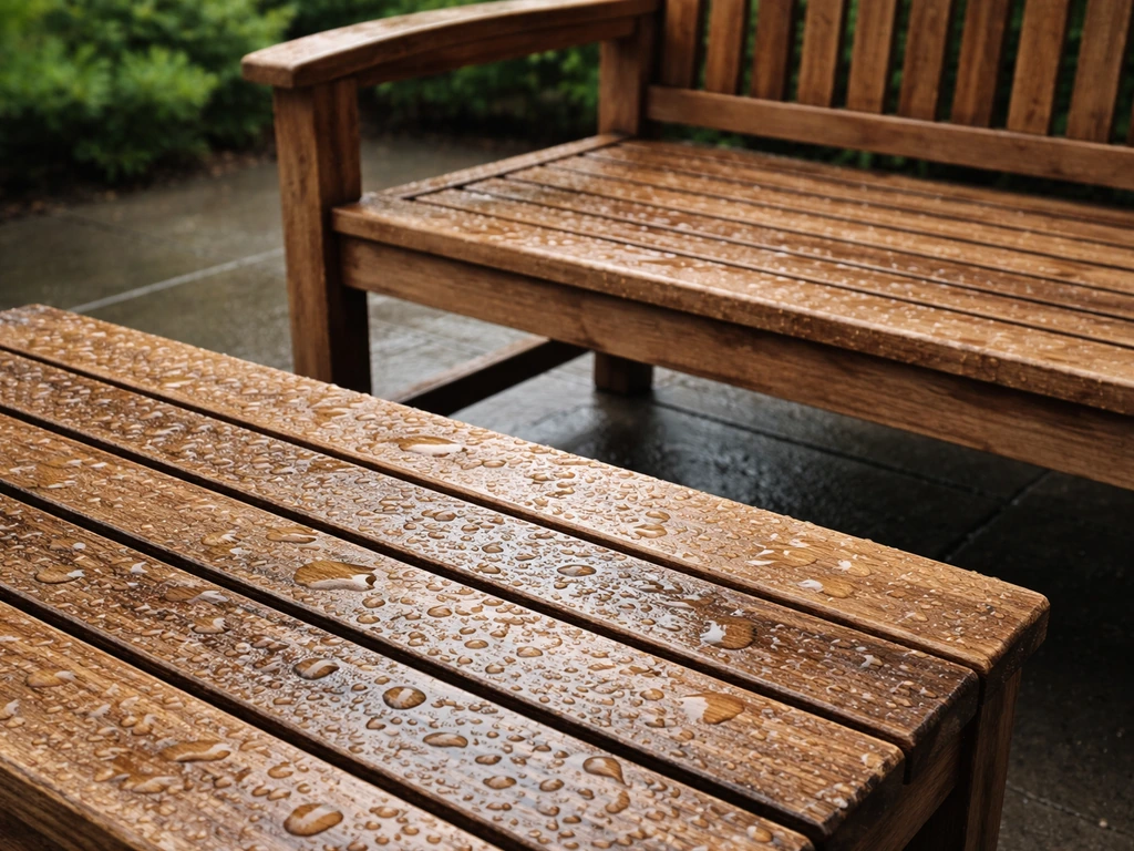 Teak patio furniture with wet, slightly darkened wood showing moisture resistance texture
