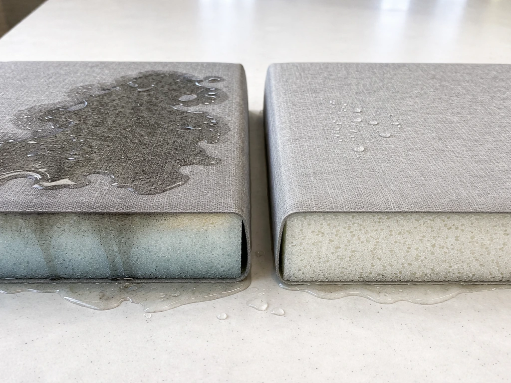 Close-up of two cushion foam samples showing quick-dry vs standard water retention with fabric layer visible.