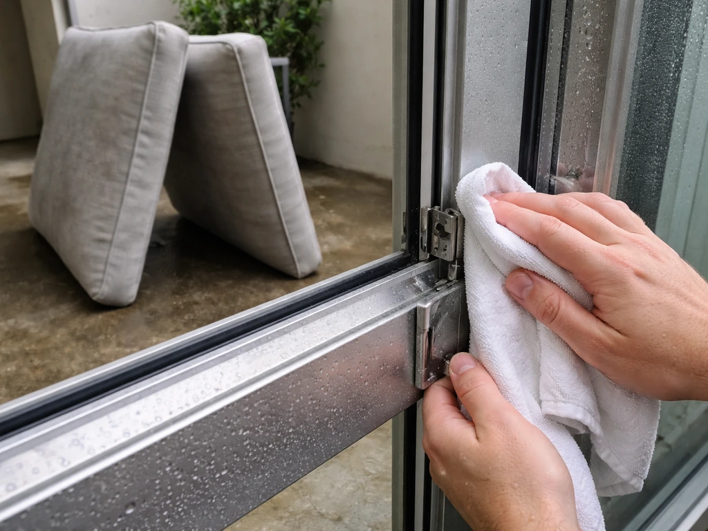 Person wiping an aluminum window frame with a cloth and propping cushions upright after rain.
