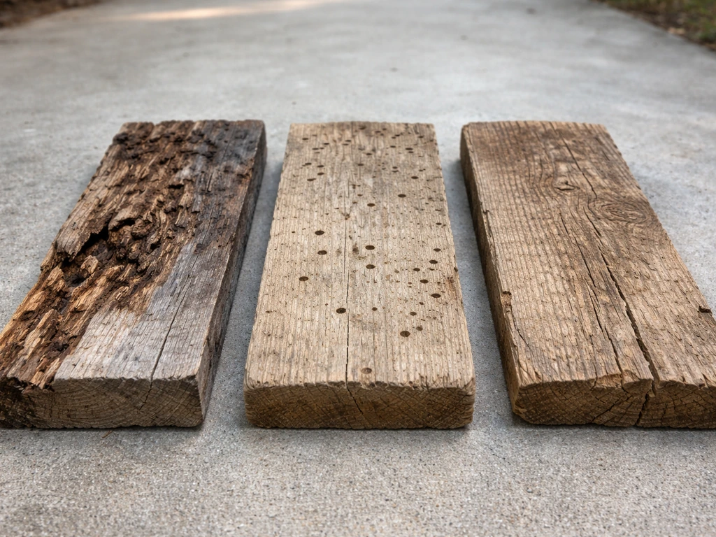 Three side-by-side wood boards outdoors showing rot, insect holes, and moisture swelling/warping.