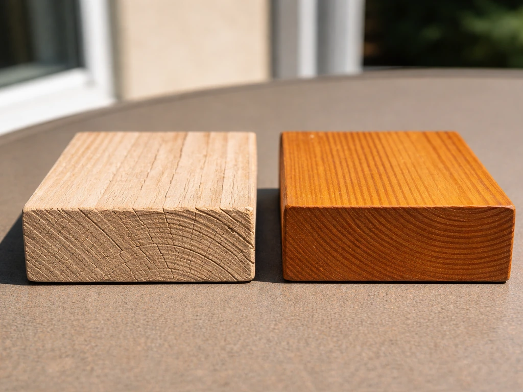 Two small wood board samples—one faded and cracked from UV, one protected and intact—beside a bright sunlit window.