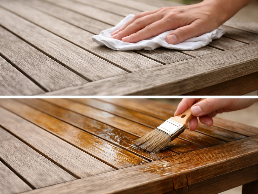 Close-up of teak wood being cleaned and then oiled, showing glossy oil sheen