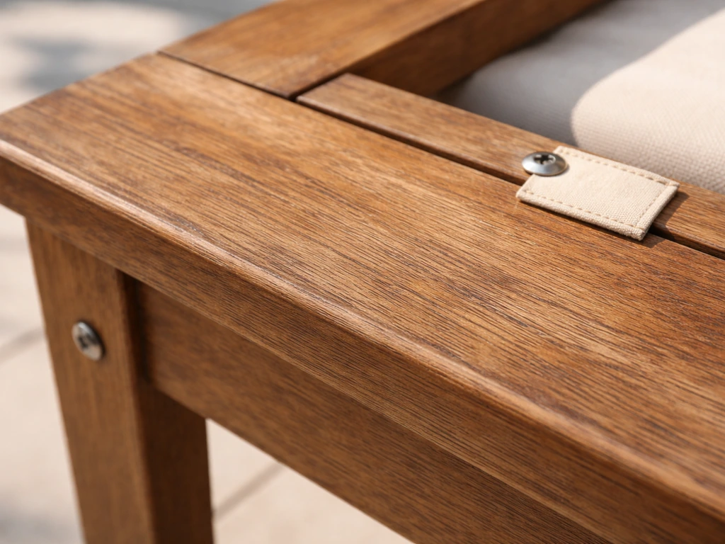 Close-up of patio furniture wood grain with an adjacent care-label tag area