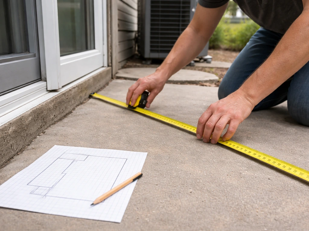 Hands measure a patio near a door, step, and HVAC unit while sketching a simple footprint on paper.