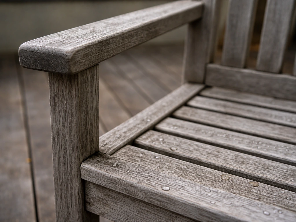 Close-up of a weathered teak outdoor chair showing natural grain and silver-gray patina