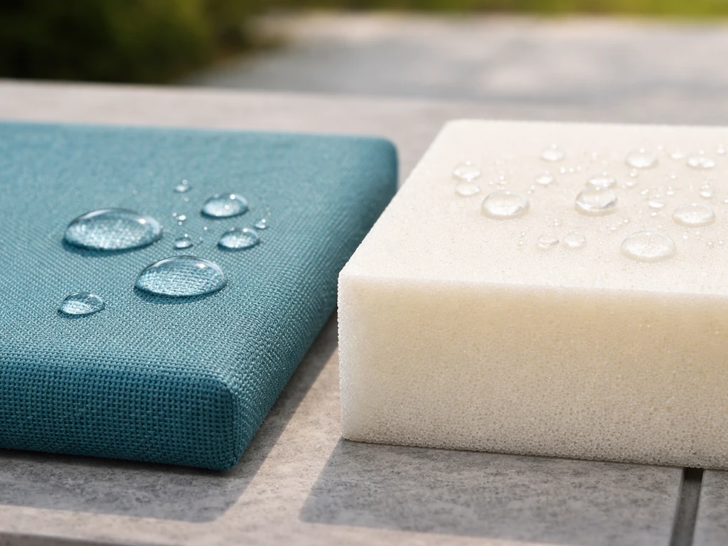 Water droplets bead on solution-dyed acrylic fabric swatches beside outdoor-ready foam on a patio table.