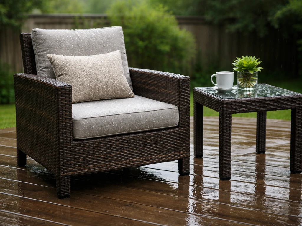 Backyard patio furniture on a wet deck with clear water beading on the cushions and frame.