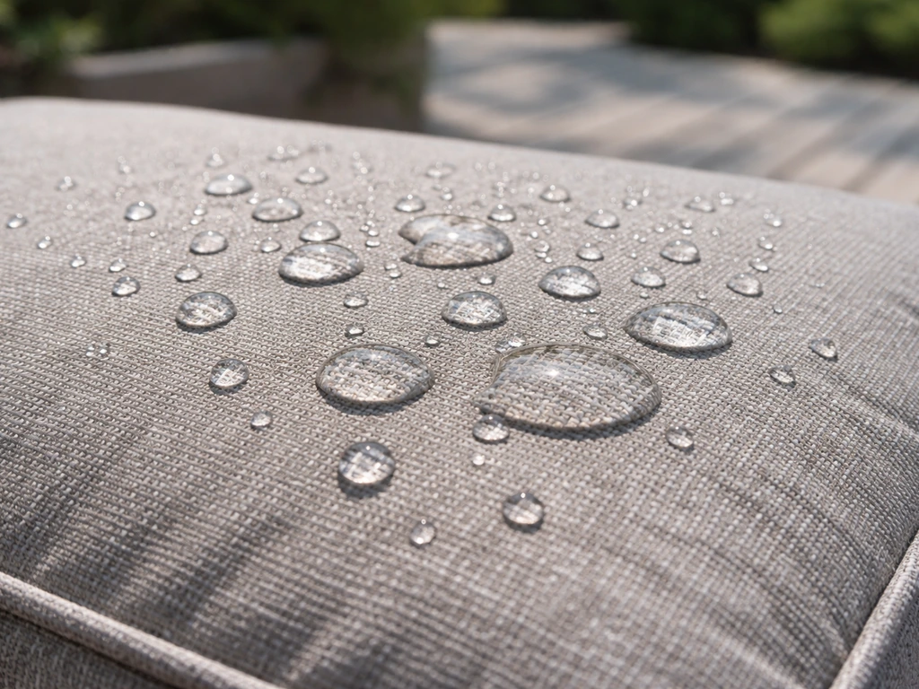 Water beading on a patio furniture fabric surface, showing a waterproof finish