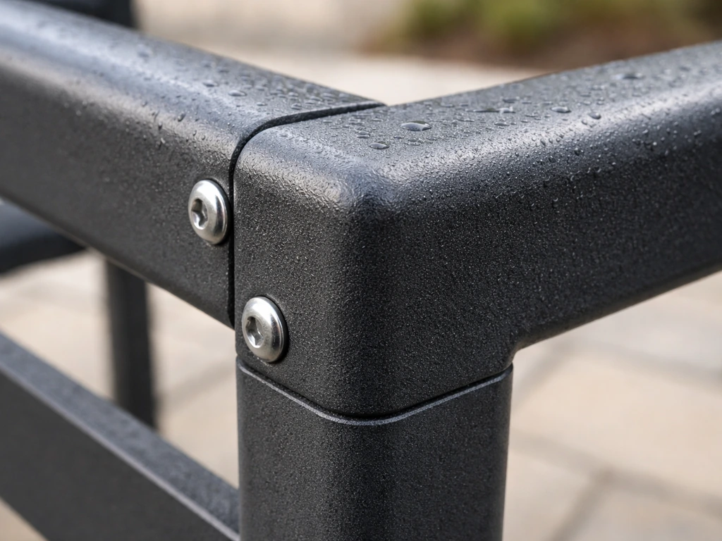 Close-up of a powder-coated aluminum patio chair frame joint with visible fasteners, sealed finish.