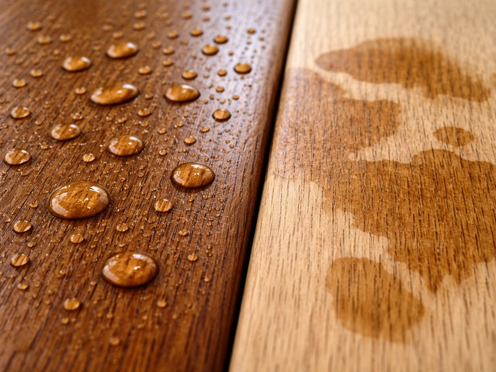 Close-up of teak and hardwood wood grain with water droplets darkening some areas, showing water resistance