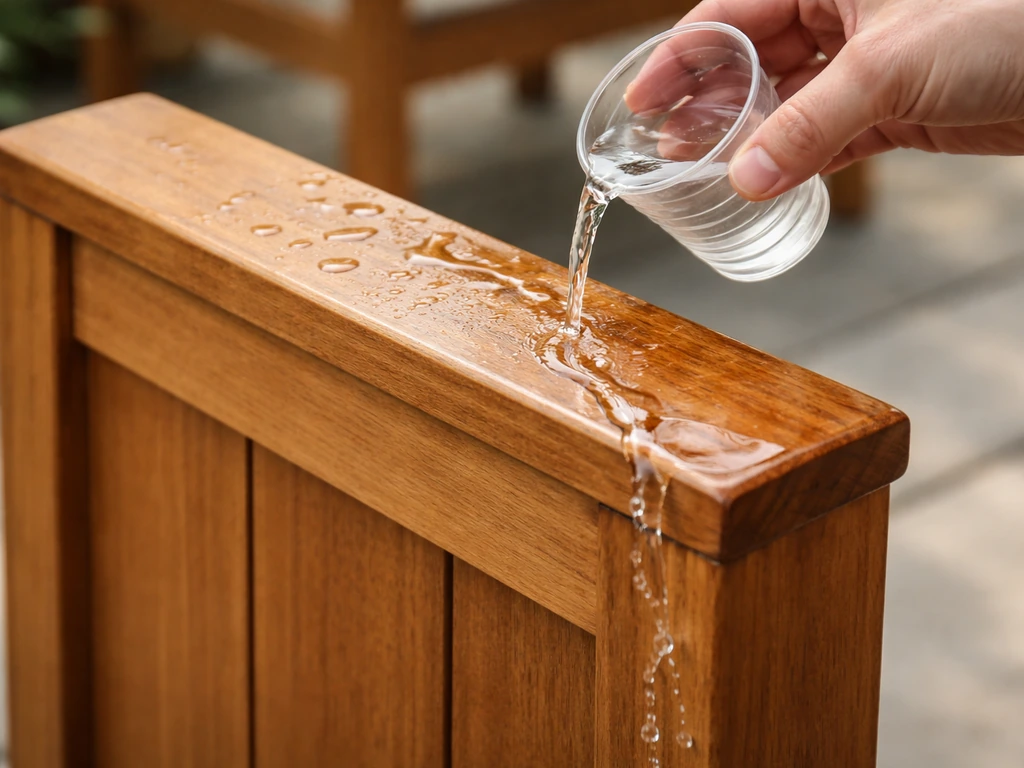 Hand pours a small cup of water onto a wooden furniture panel, showing runoff and absorbed dark spots.