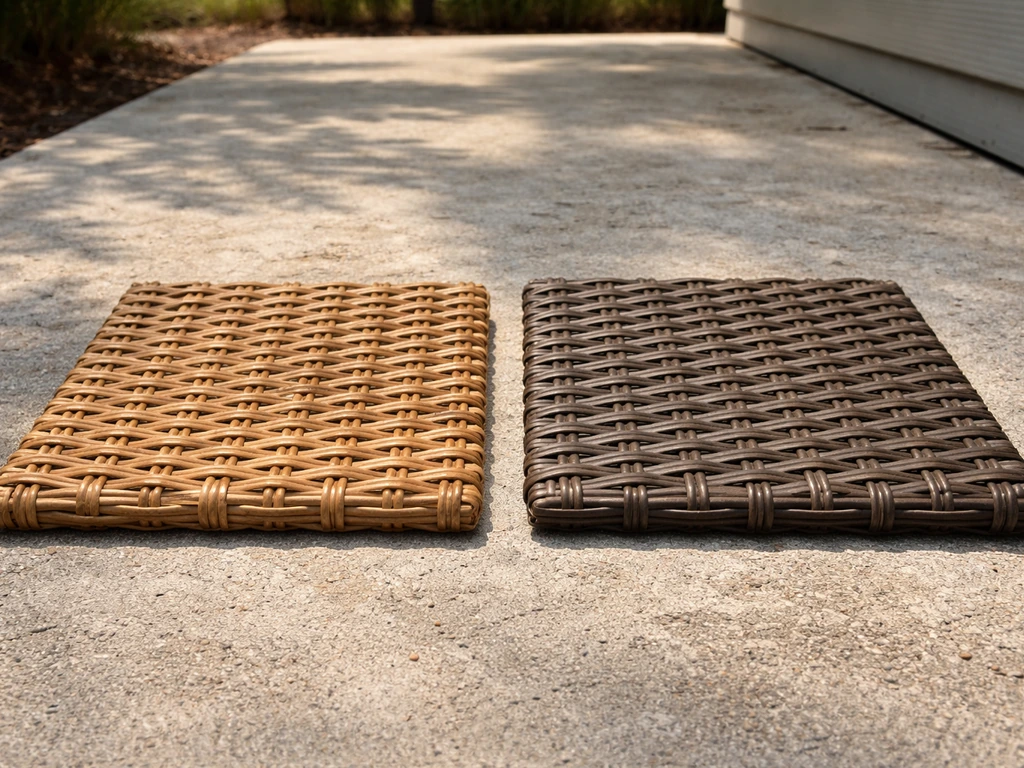 Side-by-side natural vs synthetic wicker samples on an outdoor patio with sun and shade cues.