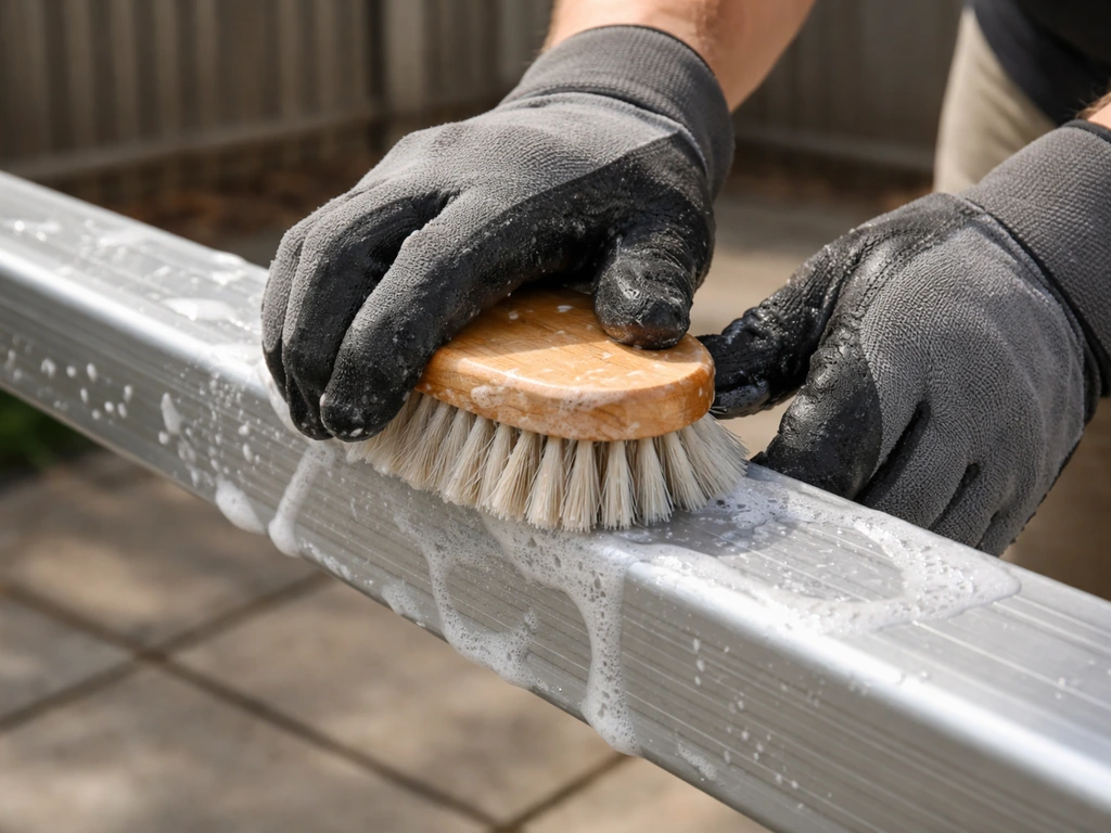 Gloved hands scrubbing an outdoor aluminum frame with a soft brush and mild soapy water.
