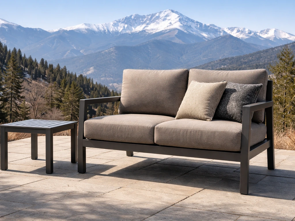 Durable powder-coated aluminum patio set with thick cushions under Colorado mountains on a bright day.