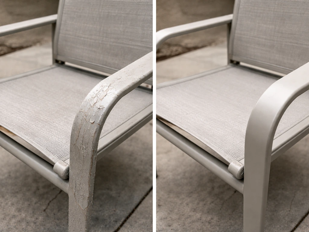 Split-screen view of patio furniture showing cracked, peeling finish from freeze-thaw versus intact sections.