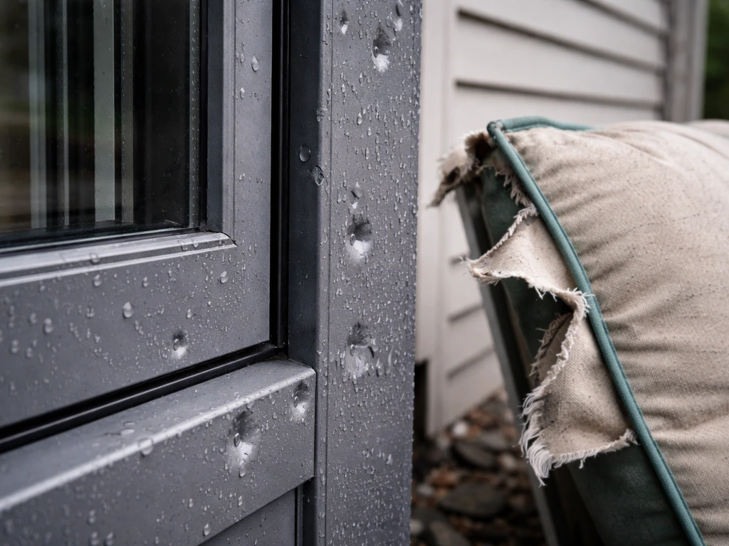 Close-up powder-coated aluminum frame with small dents and torn cushion fabric from hail and wind