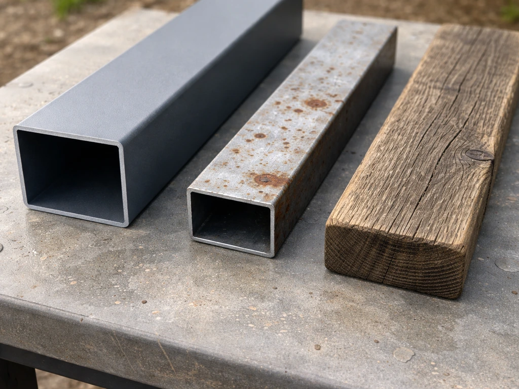 Close-up of powder-coated aluminum, rusting bare steel, and weathered wood showing durability wear side by side.
