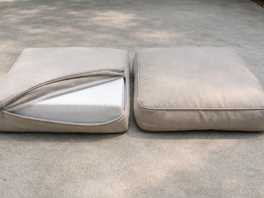 Split view of outdoor cushions: one with open zipper showing quick-dry foam liner, one faded and compressed.