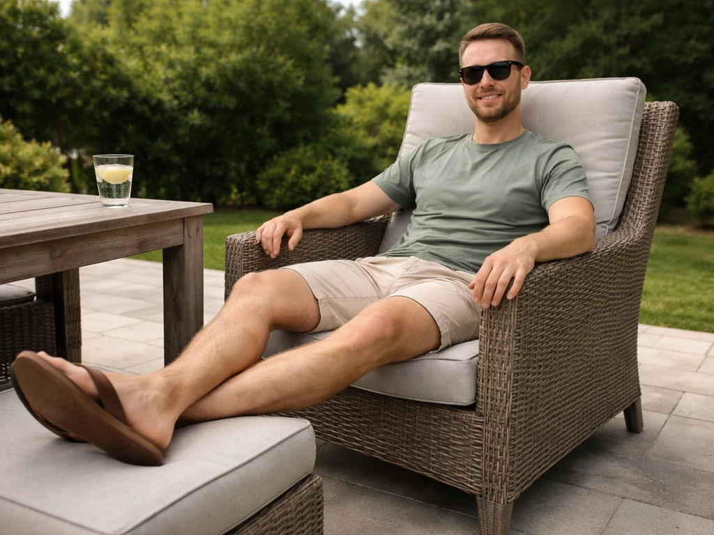 Tall person relaxing on well-sized patio lounge furniture in a quiet outdoor backyard setting.