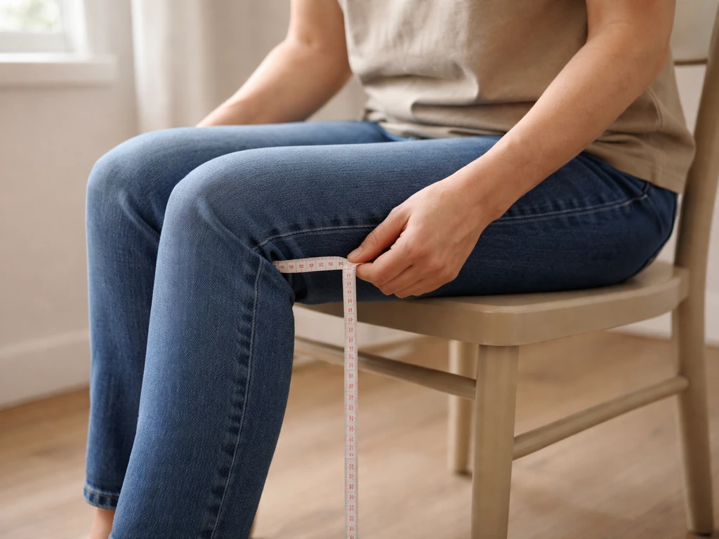 Person seated at home using a tape measure to check seat height/popliteal height