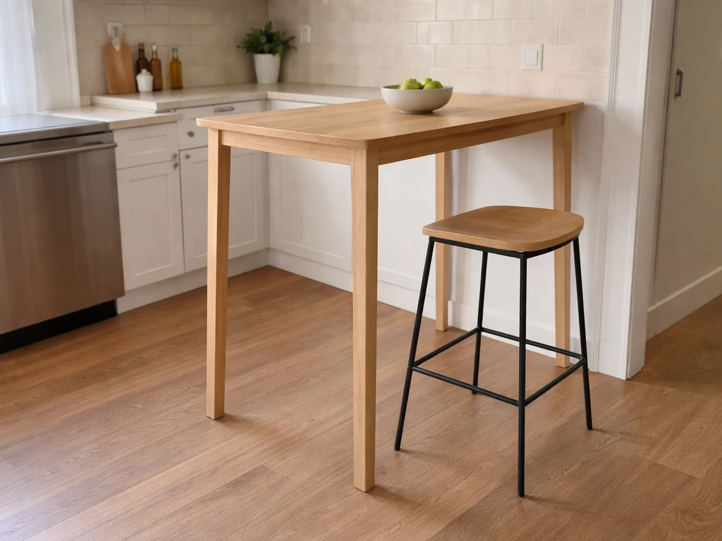 Bar-height table with matching stool showing correct proportions, no people, in a minimal kitchen setting.