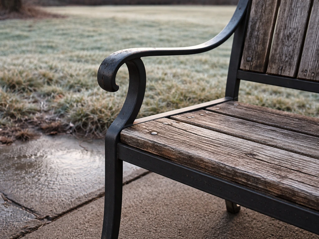 Weathered patio chair with cracked wood and frost on concrete after winter freeze-thaw cycles