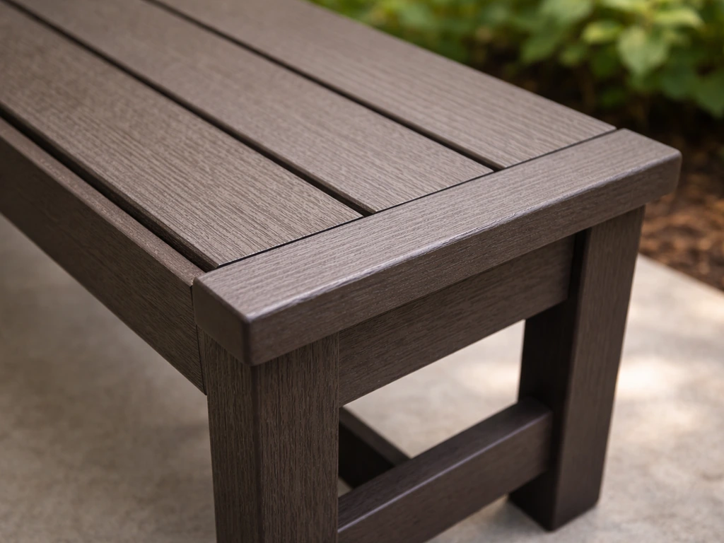 Close-up of a composite-style patio bench surface outdoors, highlighting weather-resistant material texture.