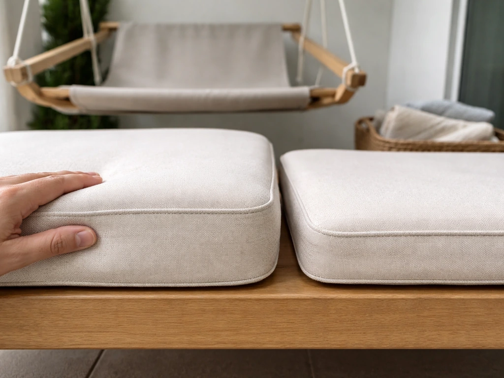Side-by-side thick vs thin cushions on a bench, gently pressed to show foam compression and rebound.