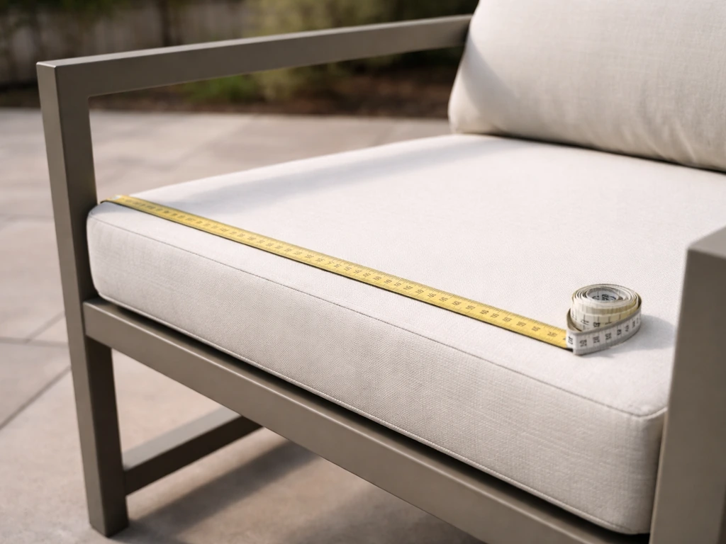 Close-up of a patio chair seat with a tape measure showing seat depth and cushion support points