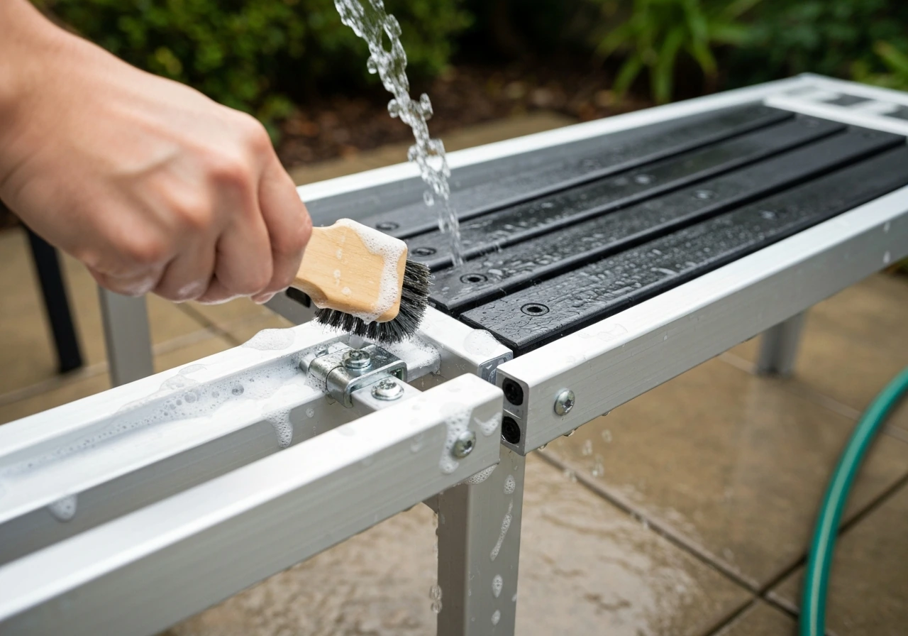 Hand scrubbing patio furniture hardware on an aluminum frame with a brush and rinsing with a hose