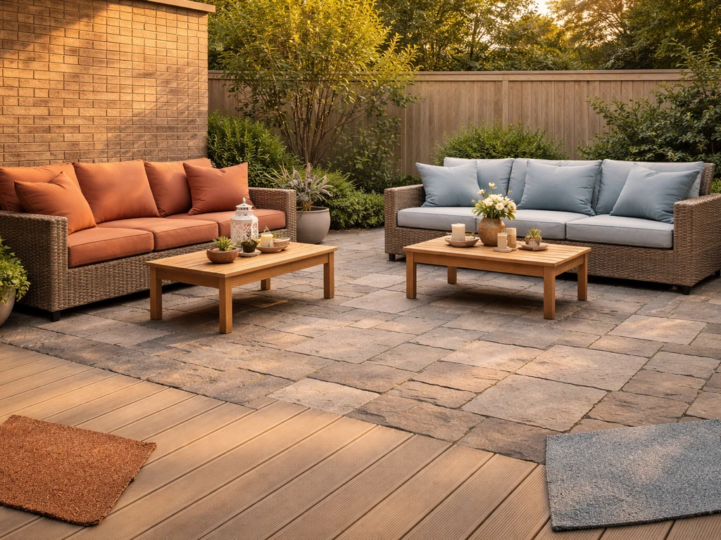 Warm brick and paver patio with two furniture colors and fabric swatches for matching warm vs cool styles