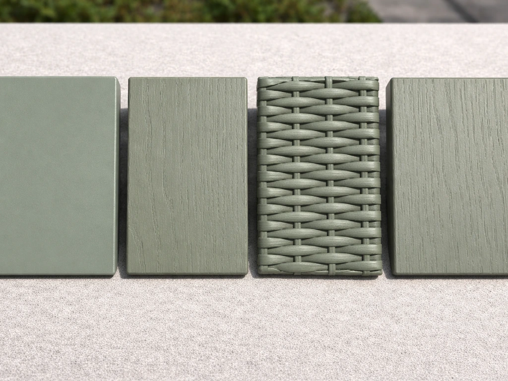 Four small swatches in the same color on powder-coated metal, finished wood, resin wicker, and HDPE composite.