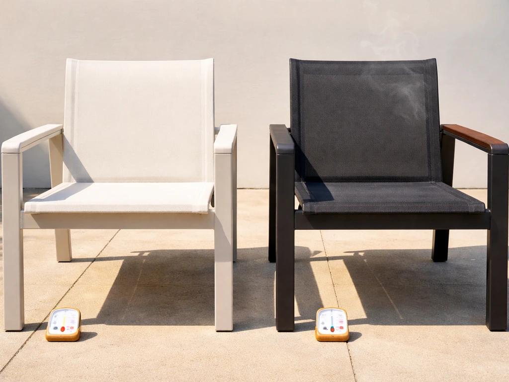 Side-by-side light and dark patio chairs in direct sun, dark chair shows heat shimmer and warmer feel.