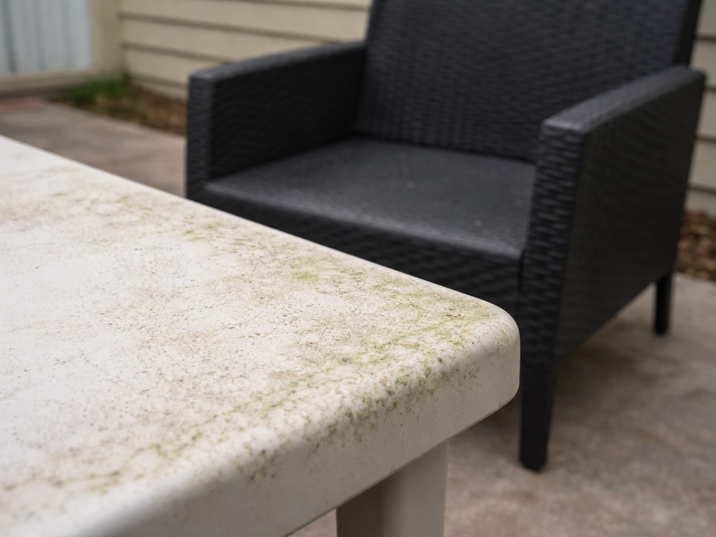 Light patio furniture with visible mildew stains, next to cleaner darker surface showing less moisture buildup