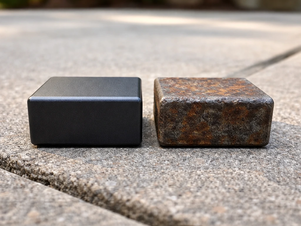 Side-by-side close-up of intact powder-coated aluminum next to corroded oxidized steel/cast iron.
