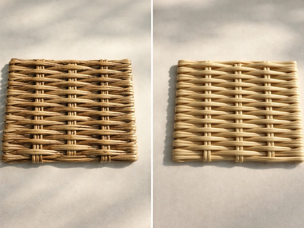 Side-by-side close-up of natural wicker vs uniform synthetic resin rattan weave textures.