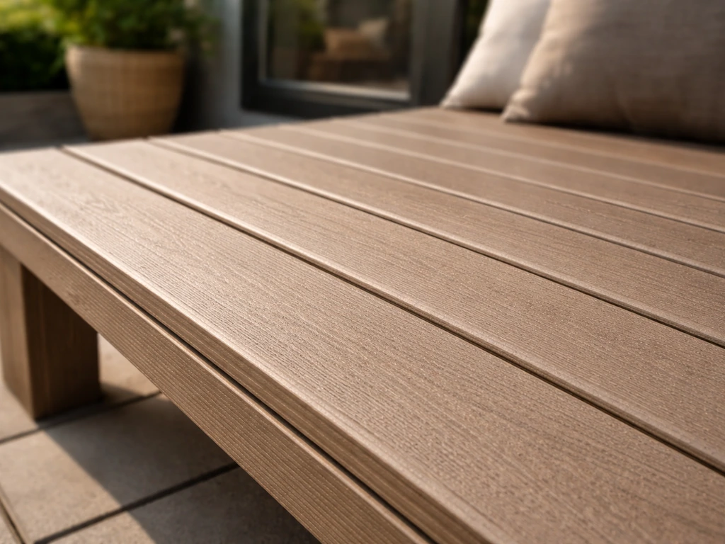 Close-up of an outdoor HDPE composite decking surface with clean plank texture and minimal warping.