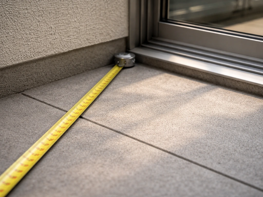 Close-up of a tape measure resting on balcony flooring next to a wall, showing room dimensions before buying.