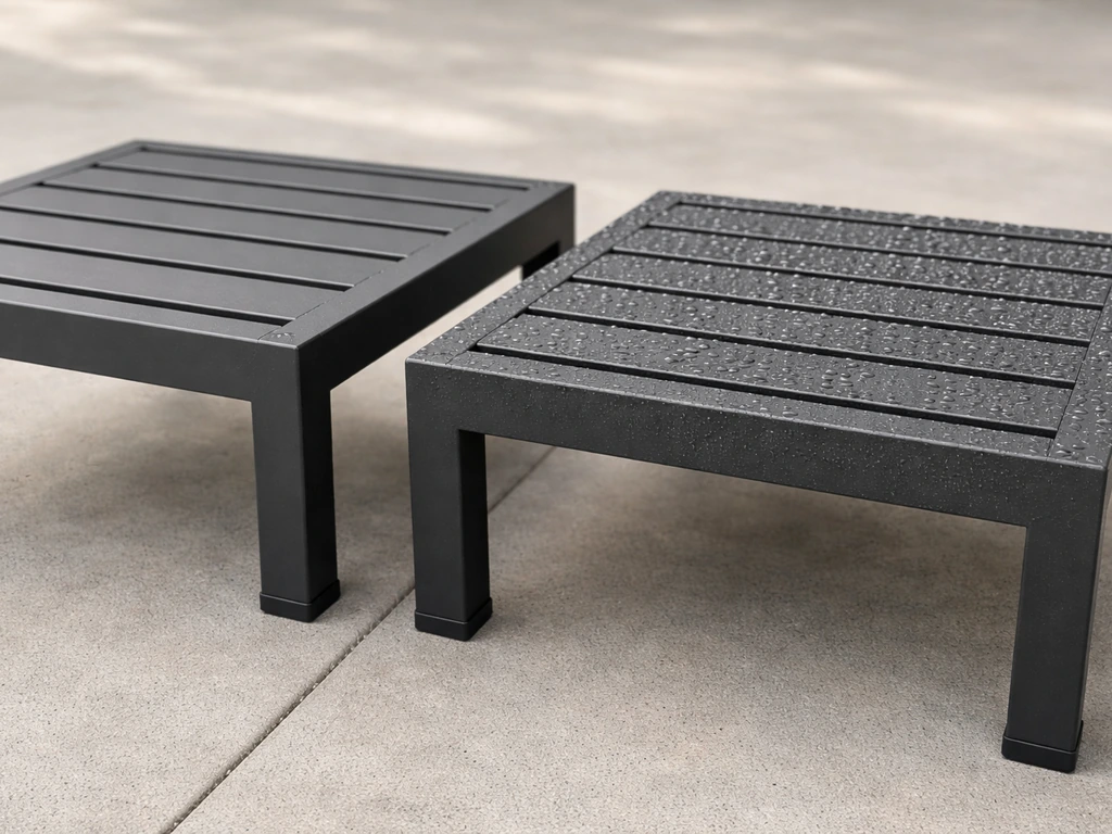 Close-up of powder-coated aluminum patio chair components with matte finish and water-bead sheen.