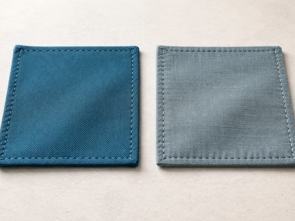 Two close-up fabric swatches for outdoor cushions, one solution-dyed acrylic and one fading-prone, showing seams and col
