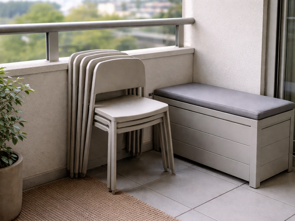 Folded stackable chairs neatly stored on a small apartment balcony beside a compact bench.