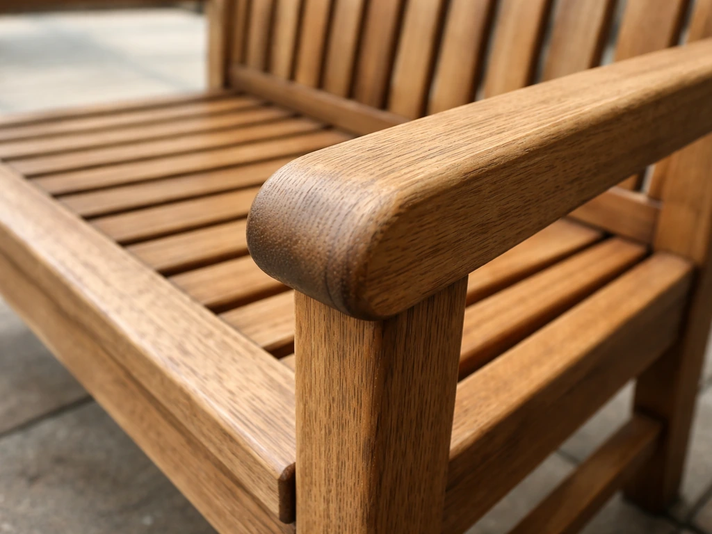 Close-up of teak outdoor furniture wood slats showing rich grain and natural weathered texture.