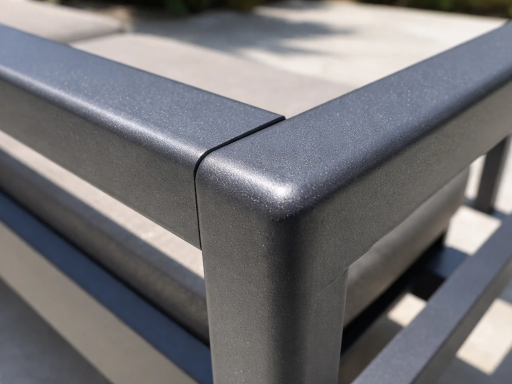 Close-up of powder-coated aluminum outdoor furniture frame showing durable textured finish.