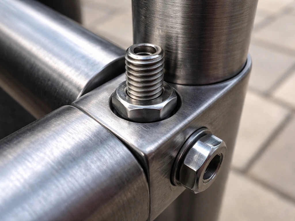 Macro view of stainless-steel screws and bolts on an outdoor patio furniture joint