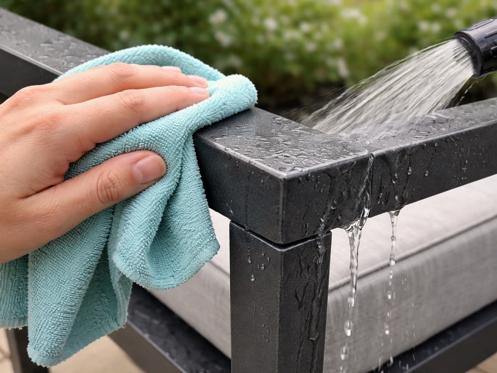 Hand wipes and lightly rinses an aluminum patio frame at the joints to show moisture-prone buildup.