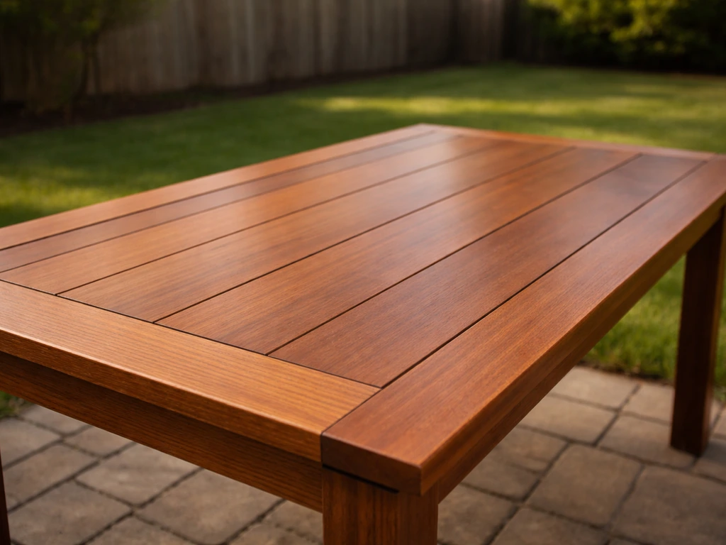 Teak/ipe-style wood outdoor patio dining table in a backyard, highlighting weather-ready wood grain and finish.